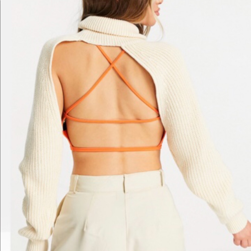 Cream arm sweater SHRUG cropped turtleneck chunky style white unique L